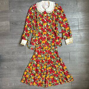 Vtg 70s Irene Kasmer Matching Floral Collared Blouse & Mini Skirt Set Size XS